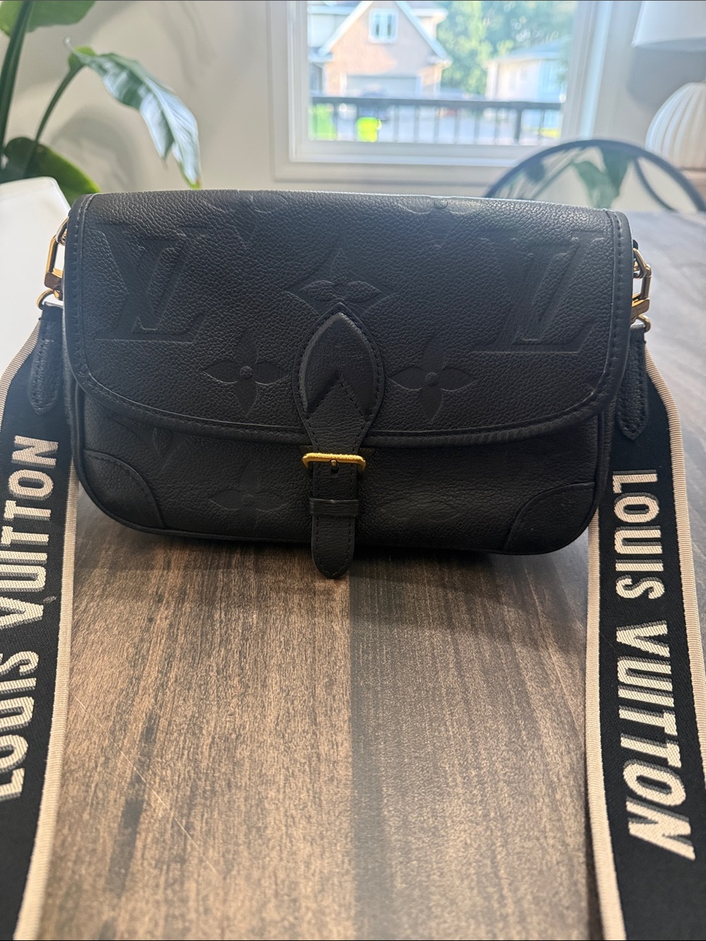Louis Vuitton Black Embossed Monogram Crossbody Bag with Branded Strap